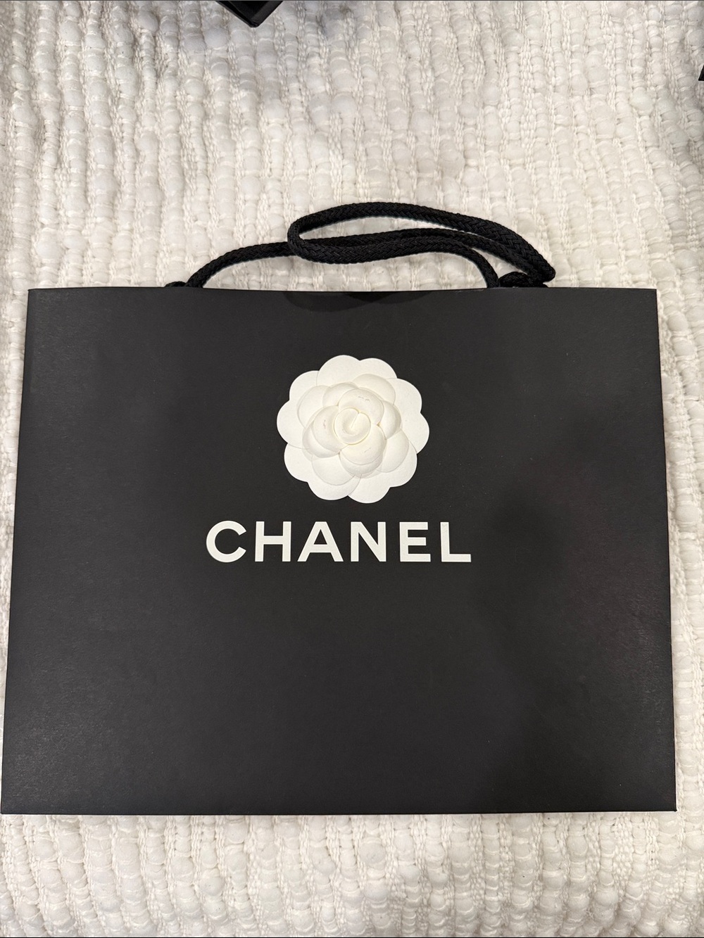 CHANEL Black Medium Tote with White Camellia Logo